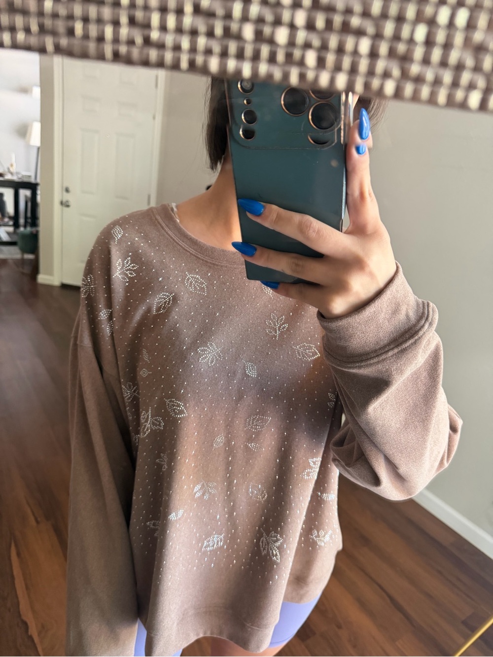 LYVE Women’s Taupe Crewneck Sweater with Delicate Leaf Print